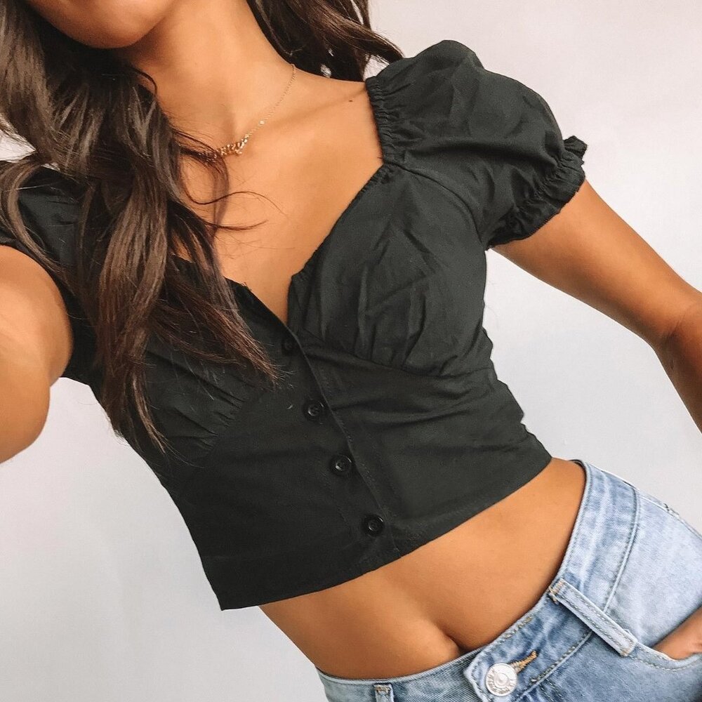 Princess Polly Black Puff Shoulder Abe Crop Top